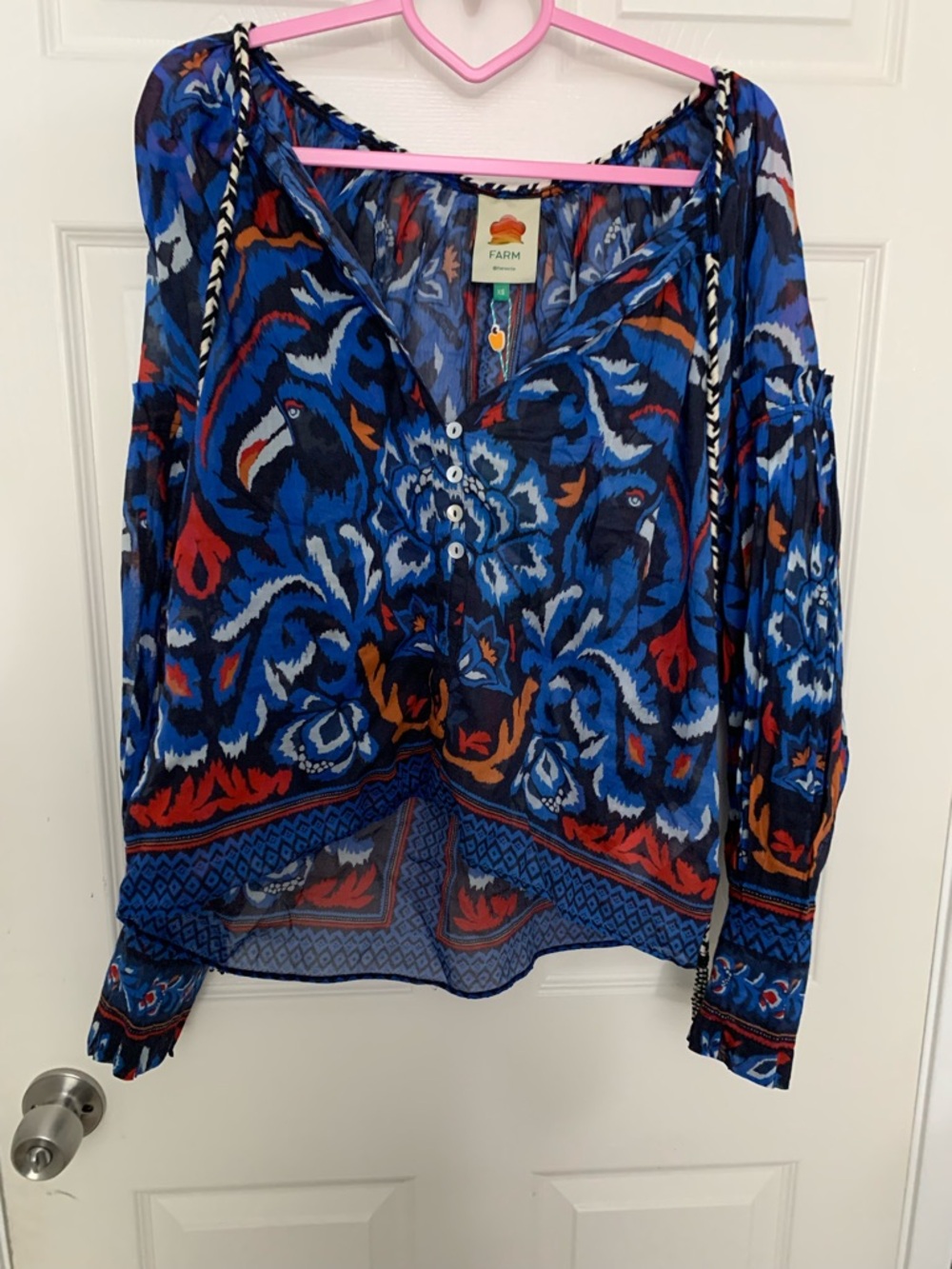 FARM Rio Blue Floral Print Peasant Blouse with Red & Orange Accents